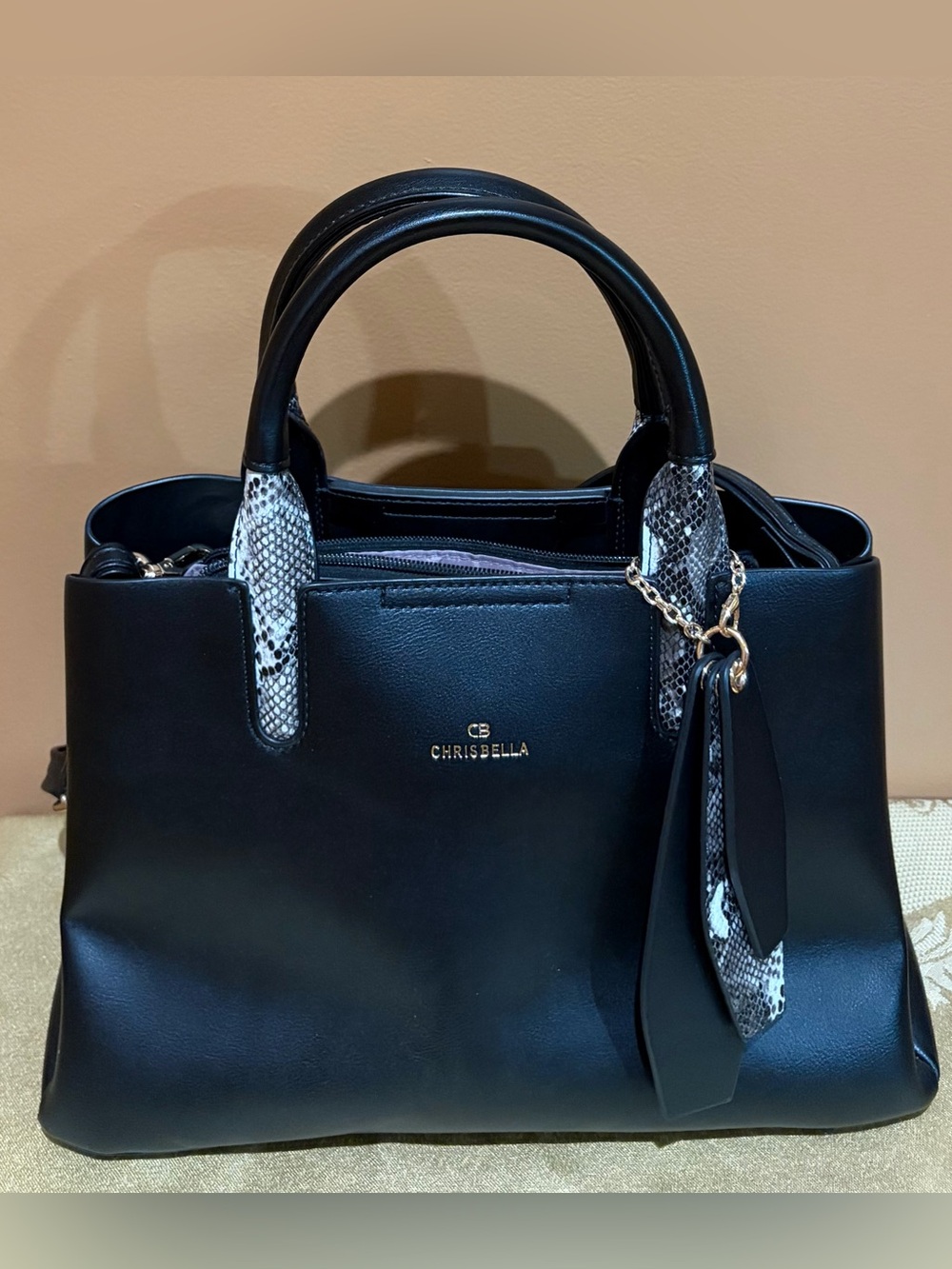 Black Tote Bag with Snake Print Accents